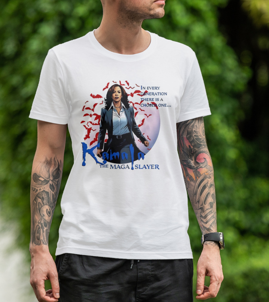 Kamala The MAGA Slayer In Every Generation There Is A Chosen One Bats Moon Background T-Shirt
