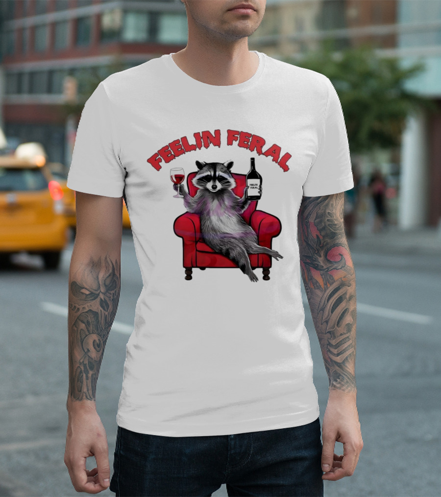Feelin Feral Raccoon Drinking Wine Sitting On Red Armchair T-Shirt
