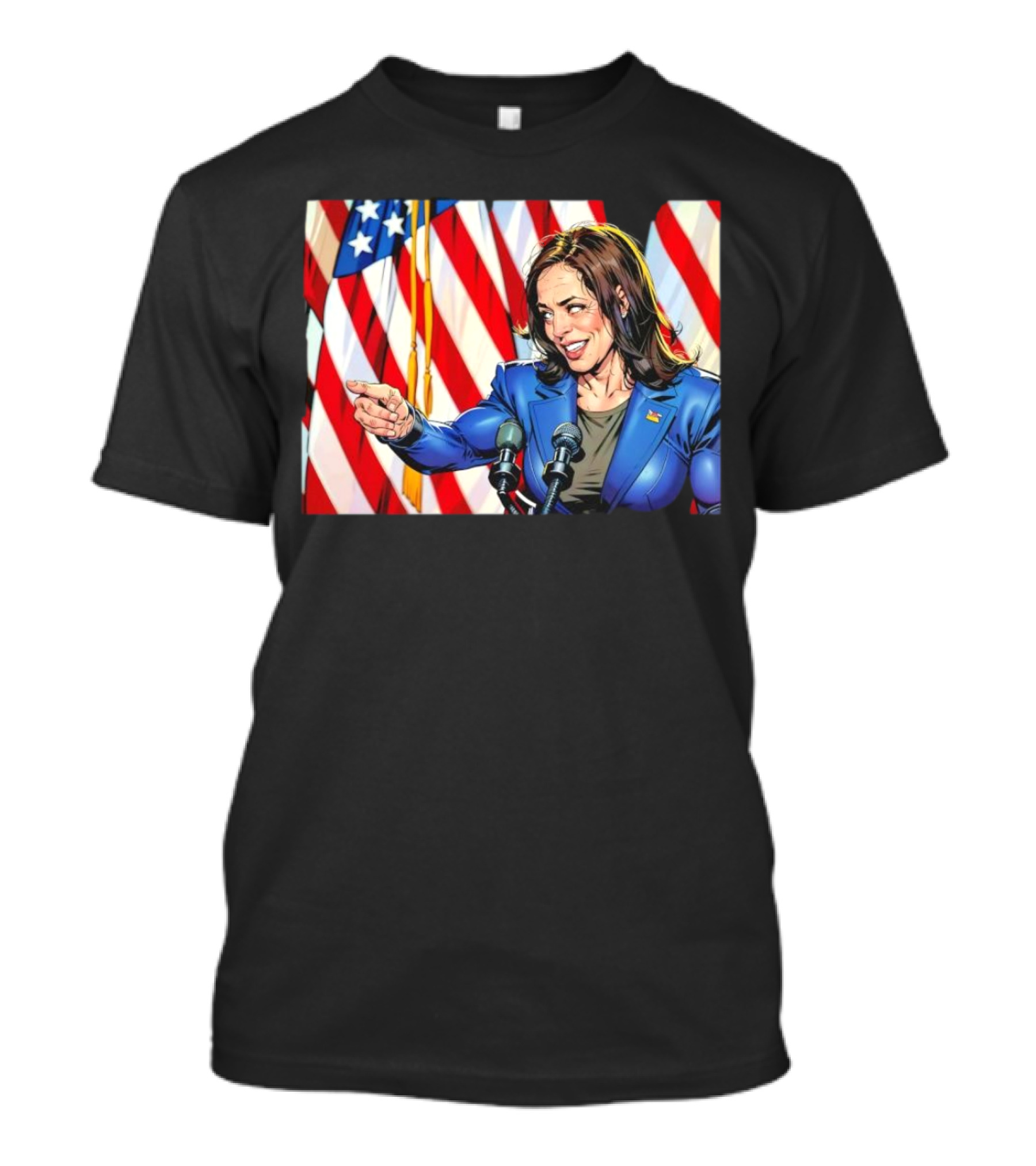 Kamala Harris Cartoon Illustration With Muscles And American Flags T-Shirt
