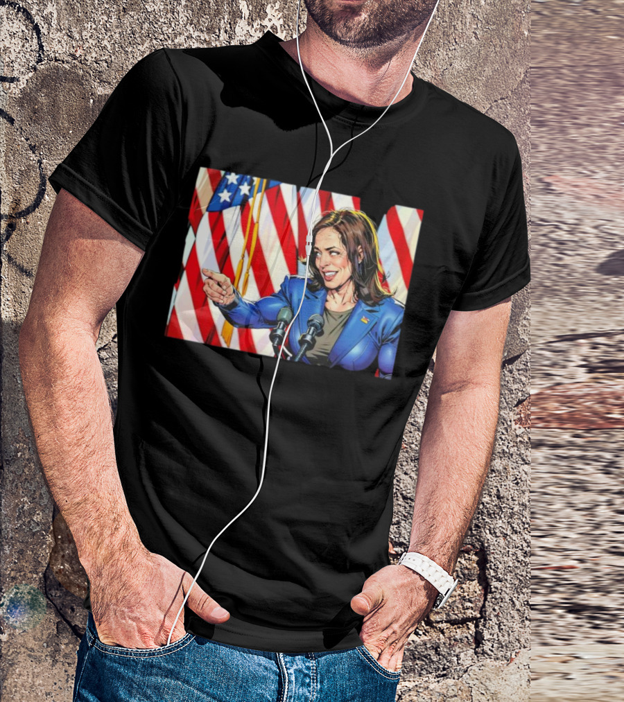 Kamala Harris Cartoon Illustration With Muscles And American Flags T-Shirt