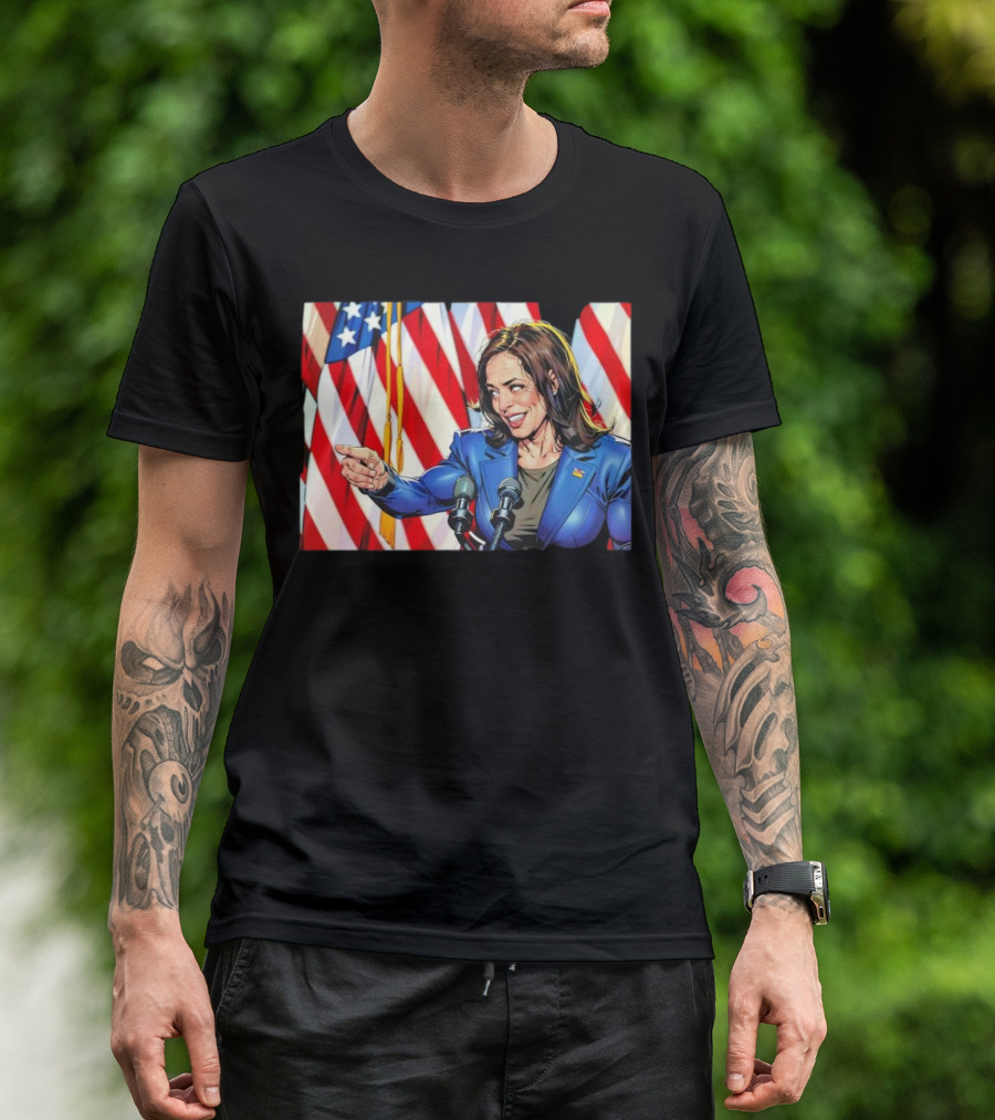 Kamala Harris Cartoon Illustration With Muscles And American Flags T-Shirt