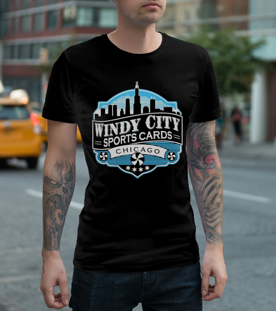 Windy City Sports Cards Chicago Skyline With Stars and Peppermint Swirls T-Shirt