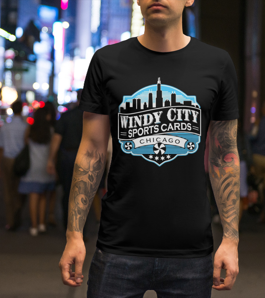 Windy City Sports Cards Chicago Skyline With Stars And Peppermint Swirls T-Shirt