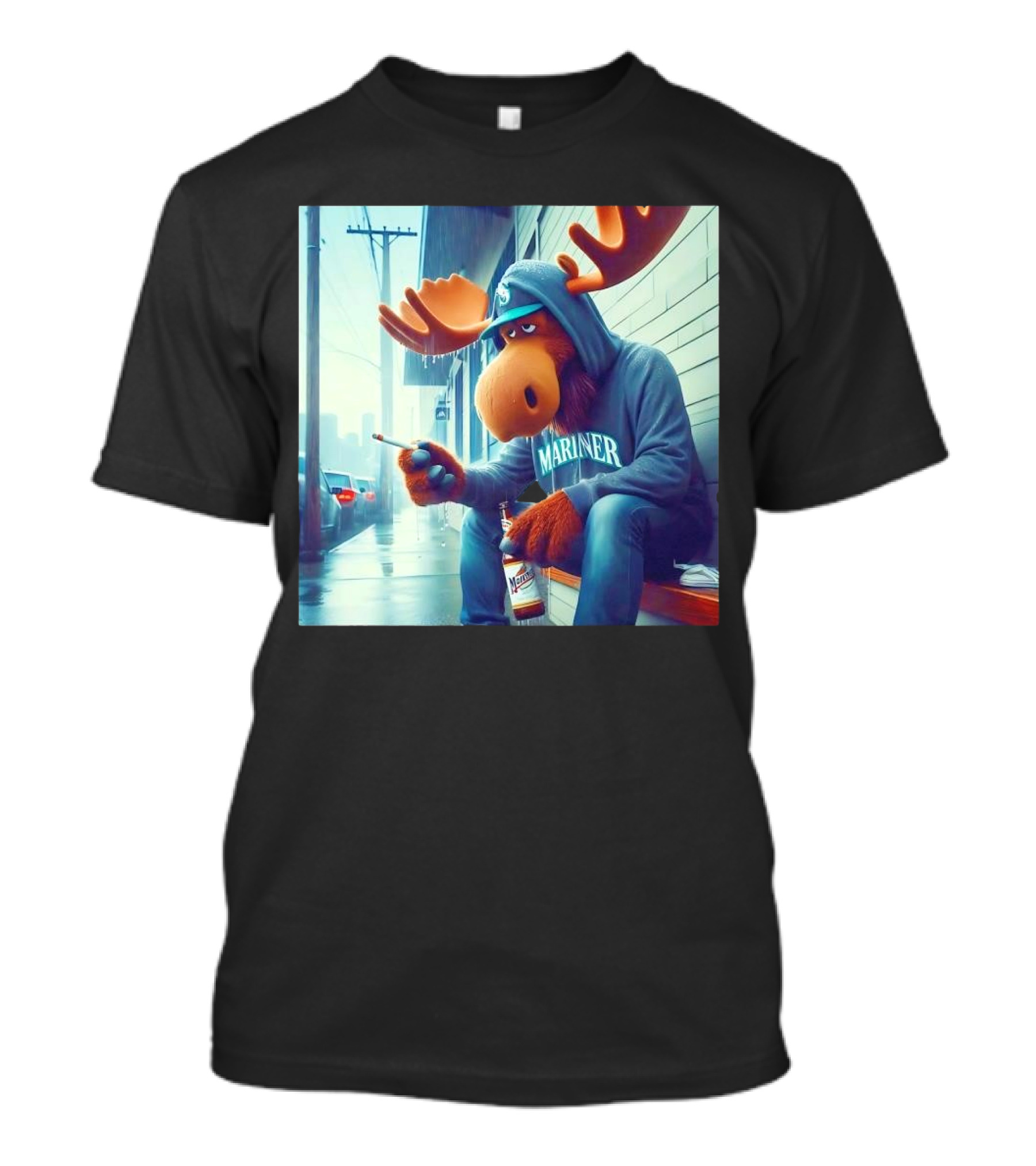 Seattle Mariners Moose Smoking Drinking Beer Street Scene T-Shirt