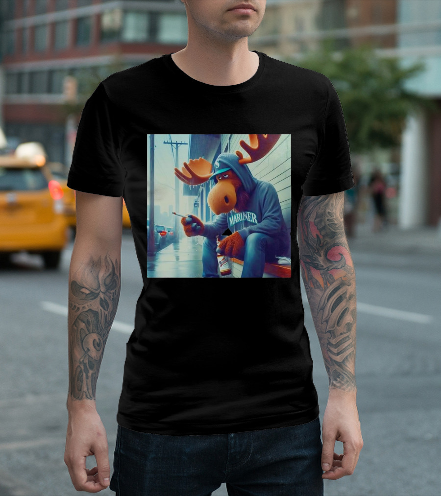 Seattle Mariners Moose Smoking Drinking Beer Street Scene T-Shirt