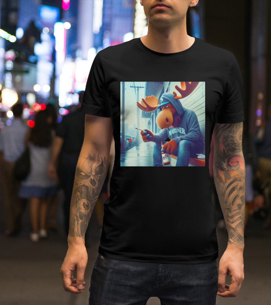 Seattle Mariners Moose Smoking Drinking Beer Street Scene T-Shirt