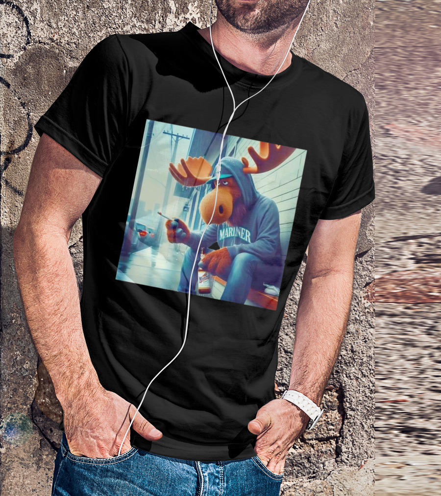 Seattle Mariners Moose Smoking Drinking Beer Street Scene T-Shirt