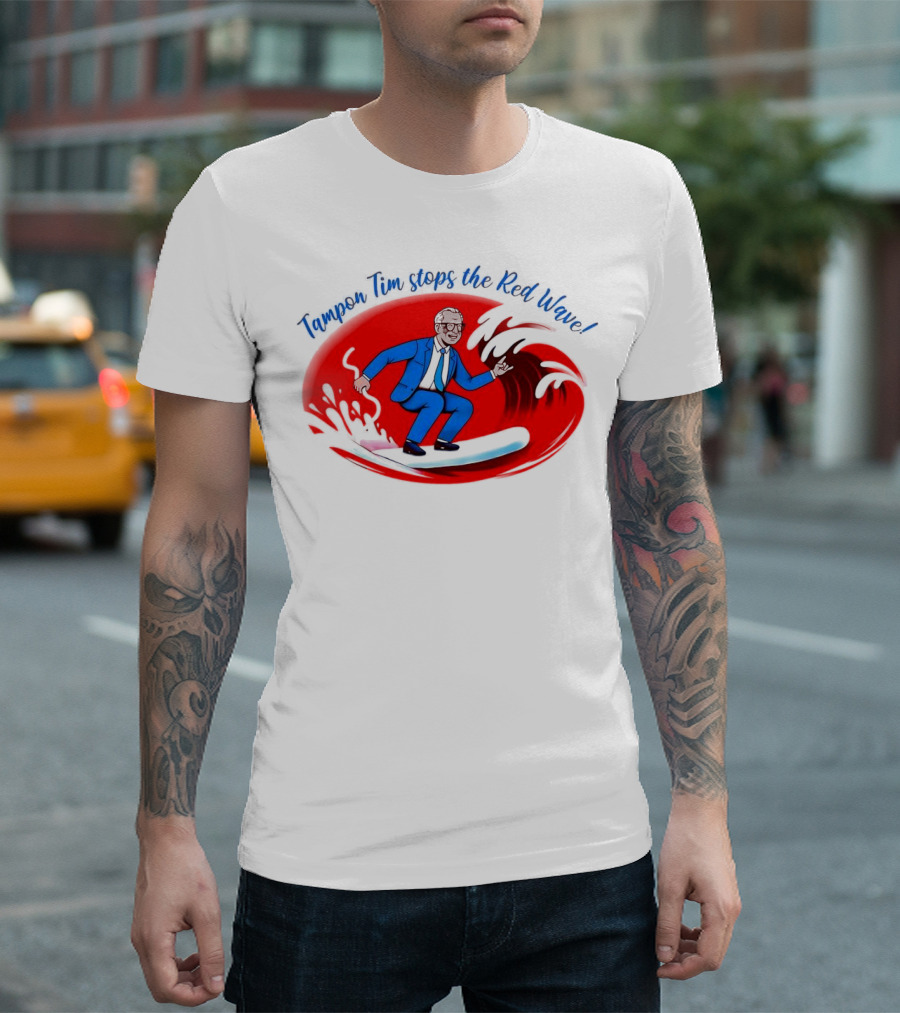 Tampon Tim Stops the Red Wave Surfing Cartoon T-Shirt