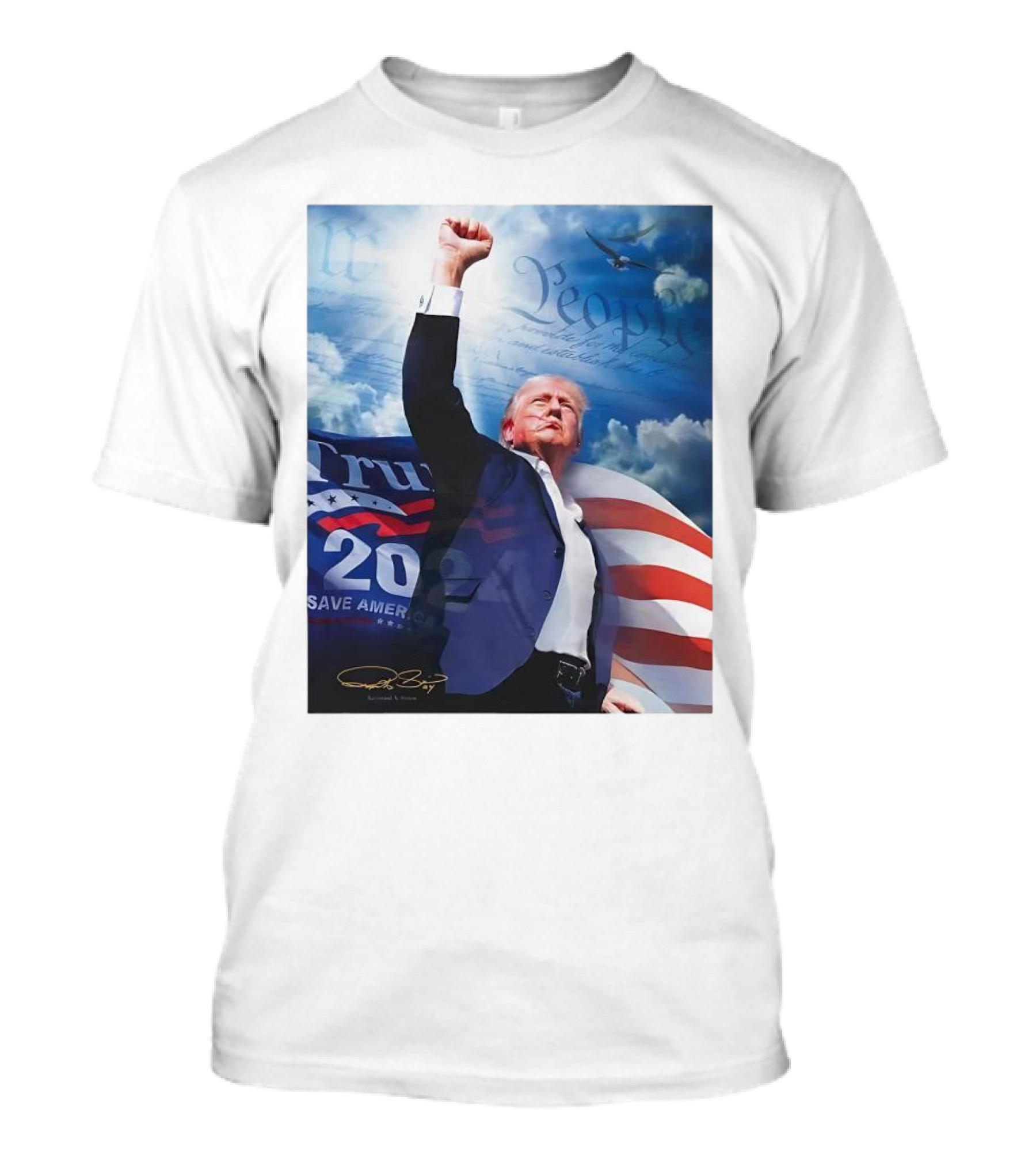 Trump 2024 Save America Signature With We The People Imagery And American Flag T-Shirt