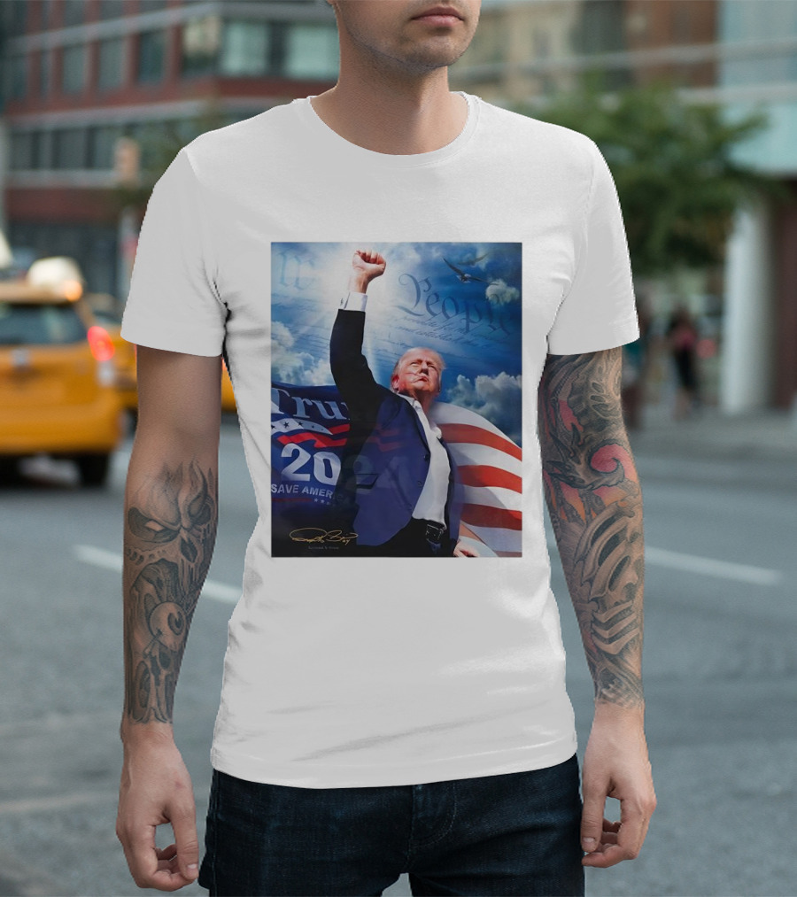 Trump 2024 Save America Signature With We The People Imagery And American Flag T-Shirt