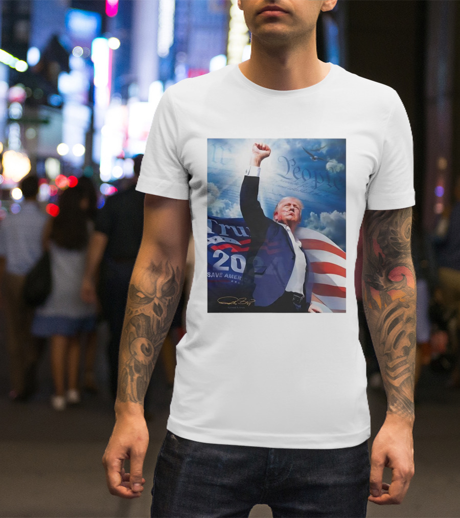 Trump 2024 Save America Signature With We The People Imagery And American Flag T-Shirt