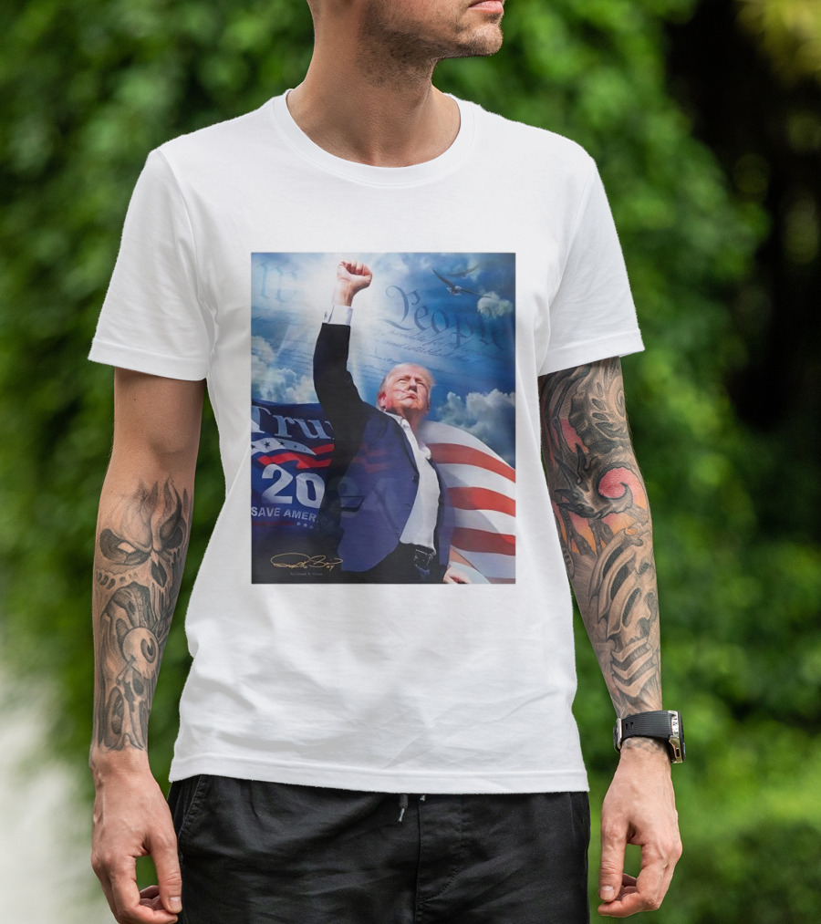 Trump 2024 Save America Signature With We The People Imagery And American Flag T-Shirt