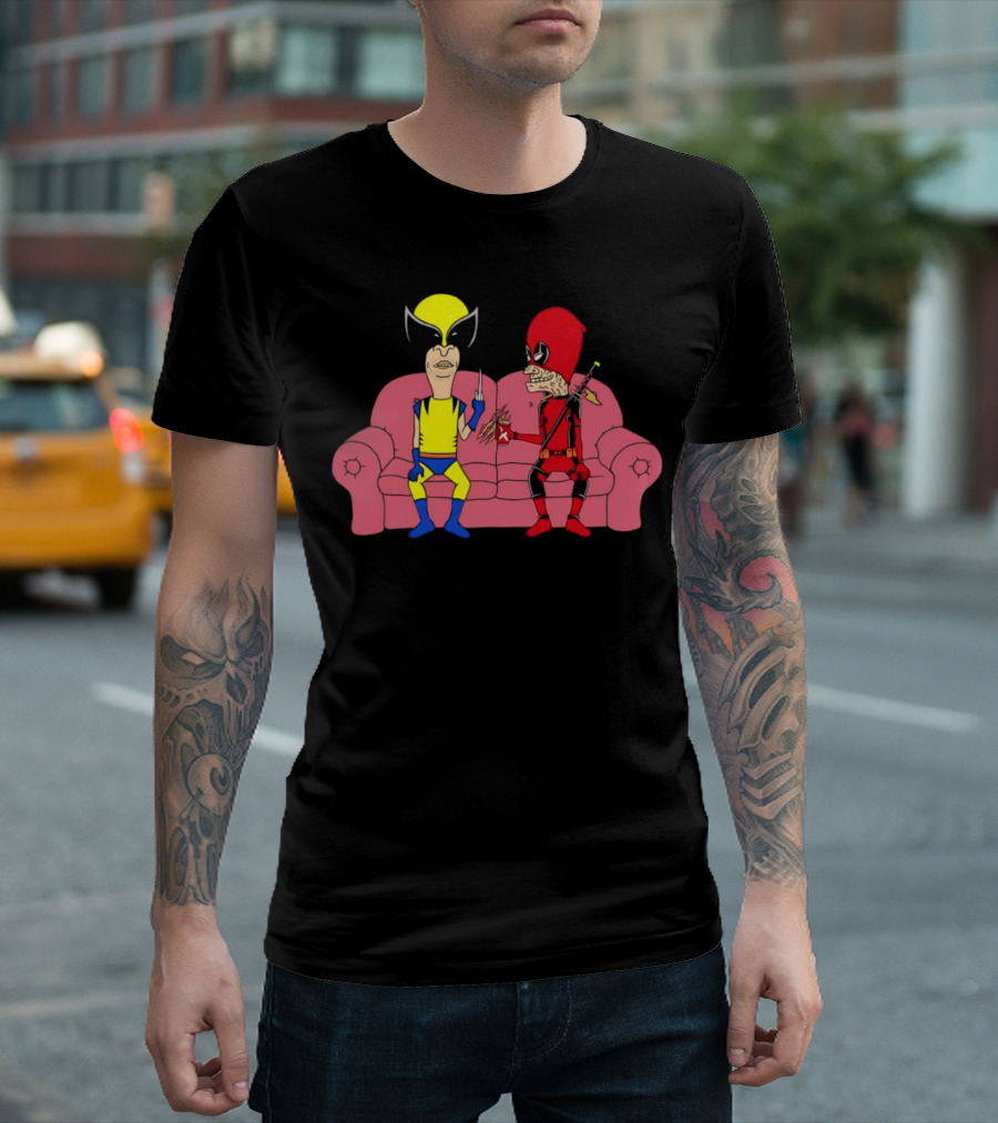 Beavis and Butt-Head X Deadpool and Wolverine Characters Crossover Cartoon Sitting on Couch T-Shirt