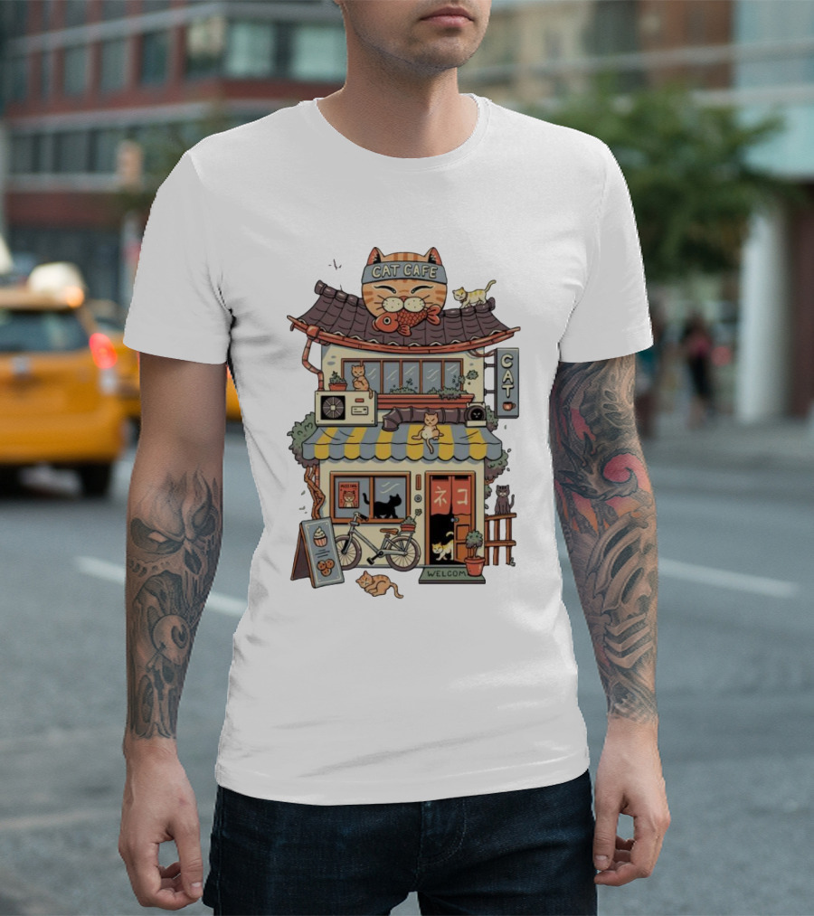 Cat Cafe Welcome with Bicycle and Cats T-Shirt