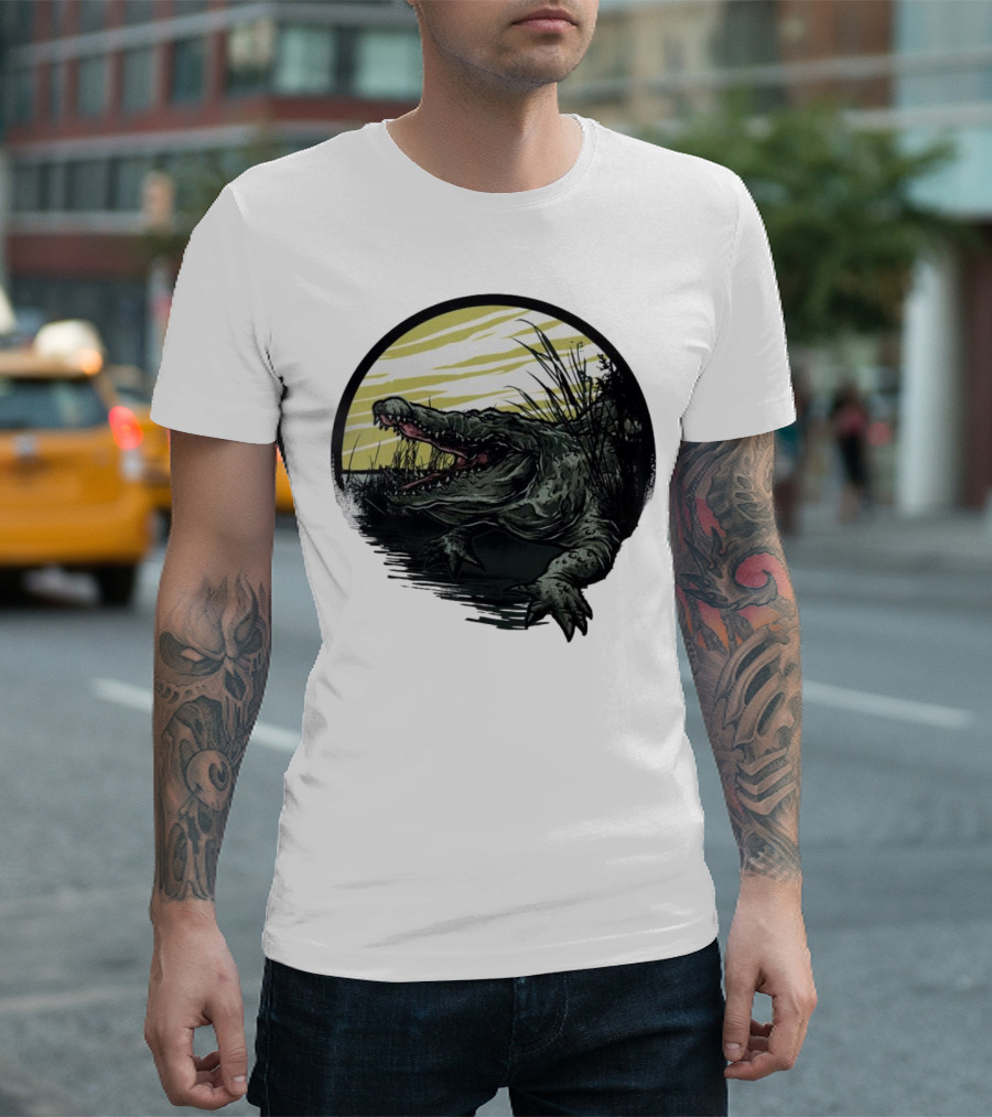 Crocodile Emerging From Water With Yellow Sky And Reeds T-Shirt