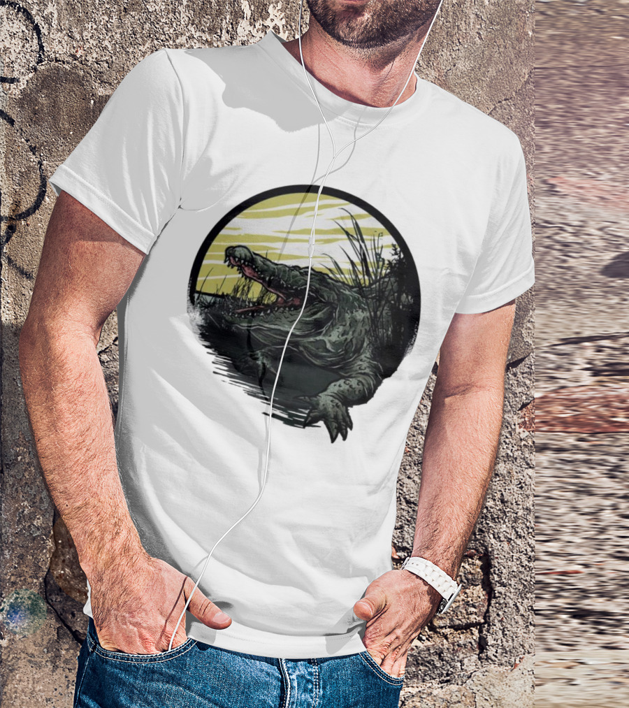 Crocodile Emerging From Water With Yellow Sky And Reeds T-Shirt