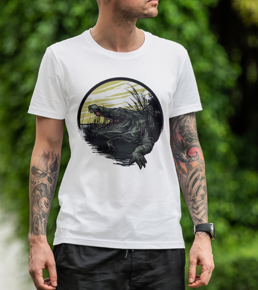 Crocodile Emerging From Water With Yellow Sky And Reeds T-Shirt