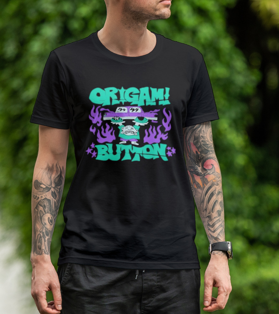 ORIGAMI BUTTON Car Guy Flame T-Shirt