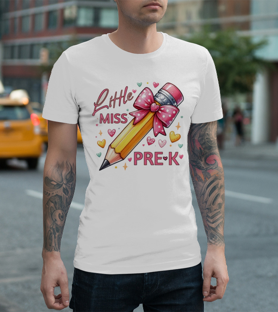 Little Miss Pre-K Pencil with Pink Bow and Hearts T-Shirt