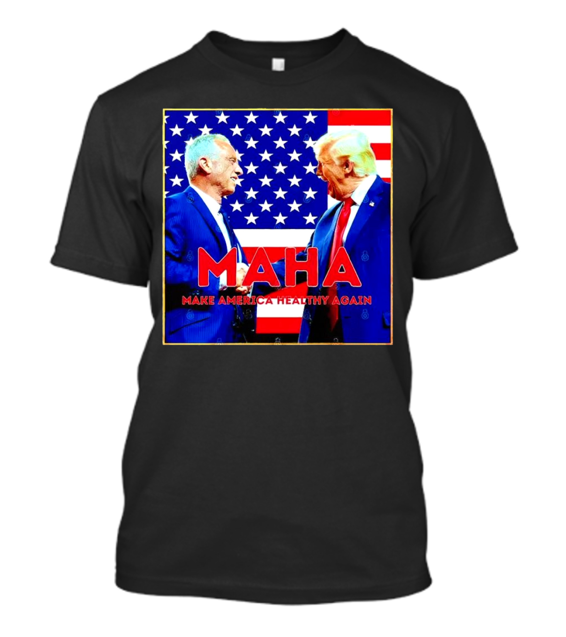 MAHA 2024 Make America Healthy Again Trump Kennedy American Flag Background T-Shirt
