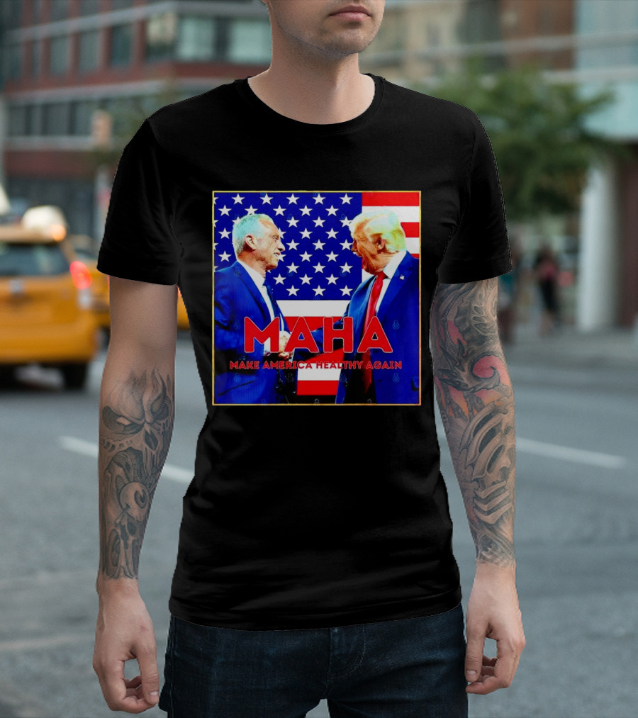 MAHA 2024 Make America Healthy Again Trump Kennedy American Flag Background T-Shirt
