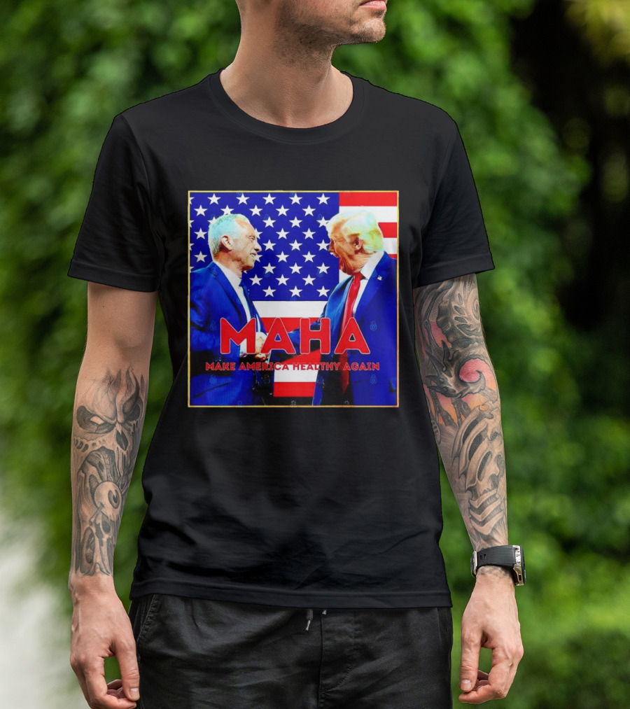 MAHA 2024 Make America Healthy Again Trump Kennedy American Flag Background T-Shirt