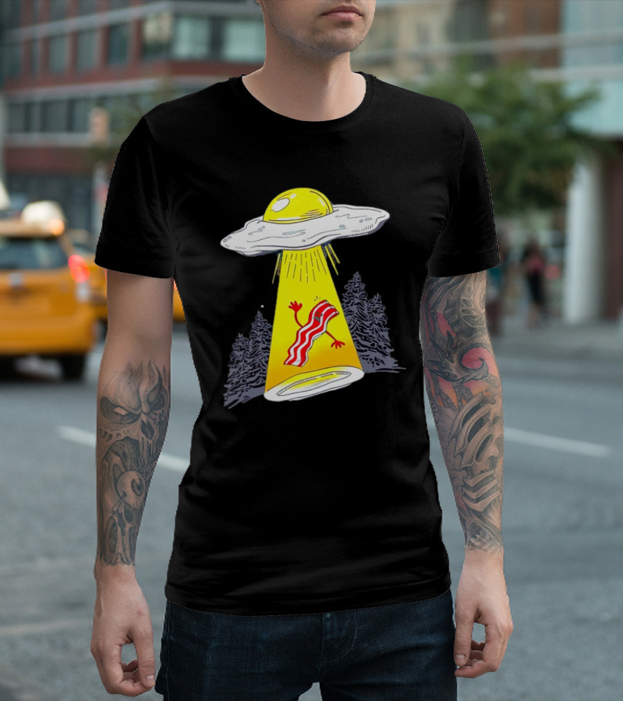 Wonder Nation Alien Breakfast Egg UFO Beaming Up a Walking Bacon Slice in Forest T-Shirt