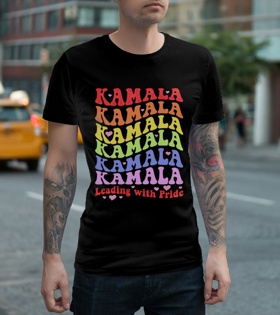 Kamala Kamala Kamala Leading with Pride Rainbow Heart T-Shirt