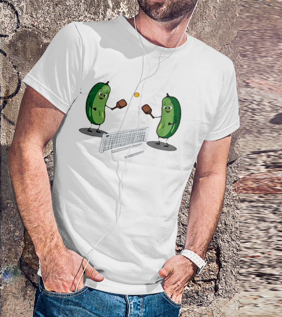 Pickles Playing Pickleball With Smiling Characters And Paddles T-Shirt