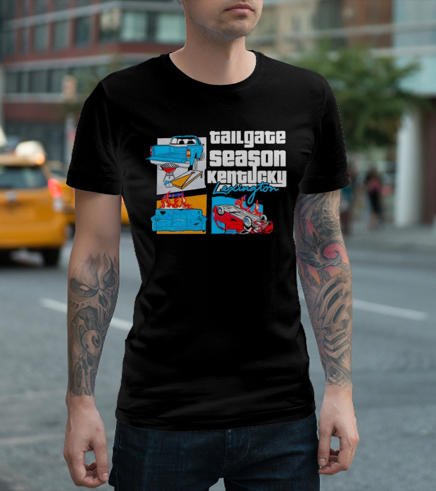 Tailgate Season Kentucky Lexington Truck BBQ Couch Fire Car Flip T-Shirt