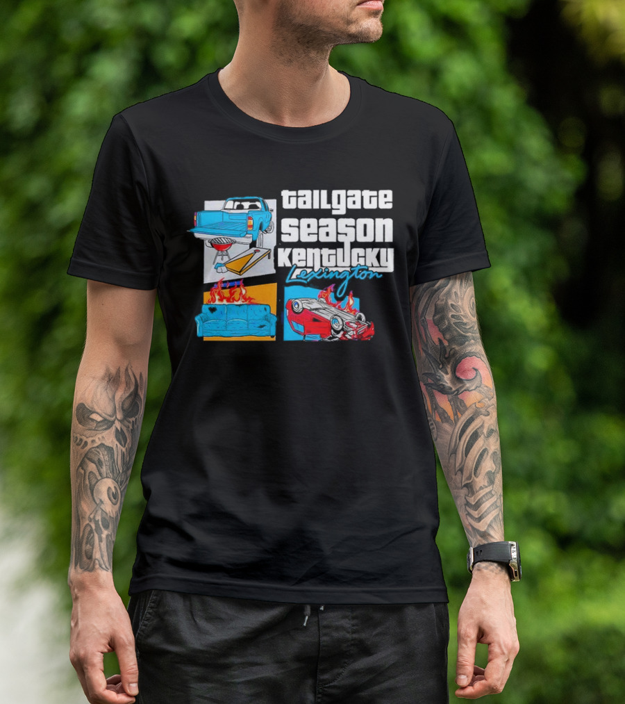 Tailgate Season Kentucky Lexington Truck BBQ Couch Fire Car Flip T-Shirt
