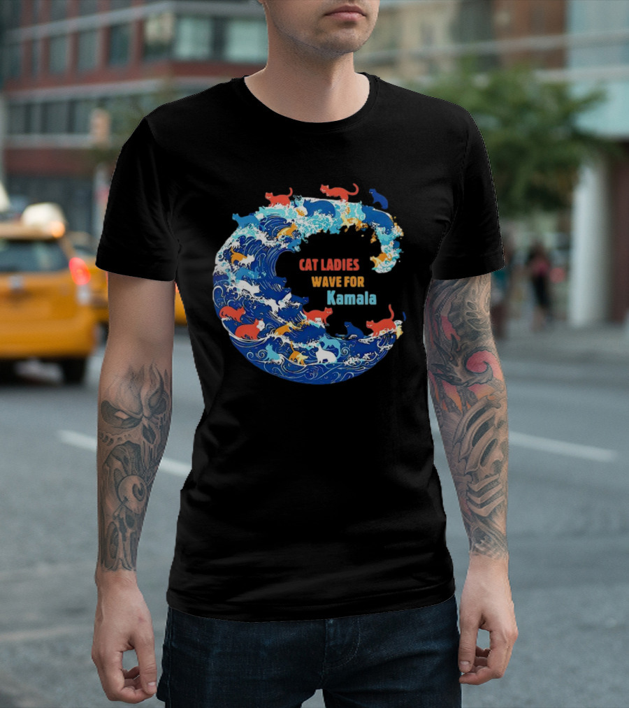 Cat Ladies Wave for Kamala in Colorful Ocean Cats T-Shirt