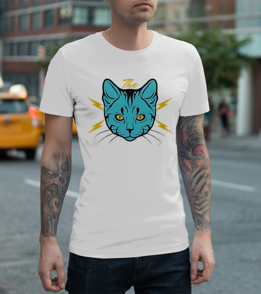 The Cat Thunder Studio Blue Cat Head with Yellow Lightning Bolts T-Shirt