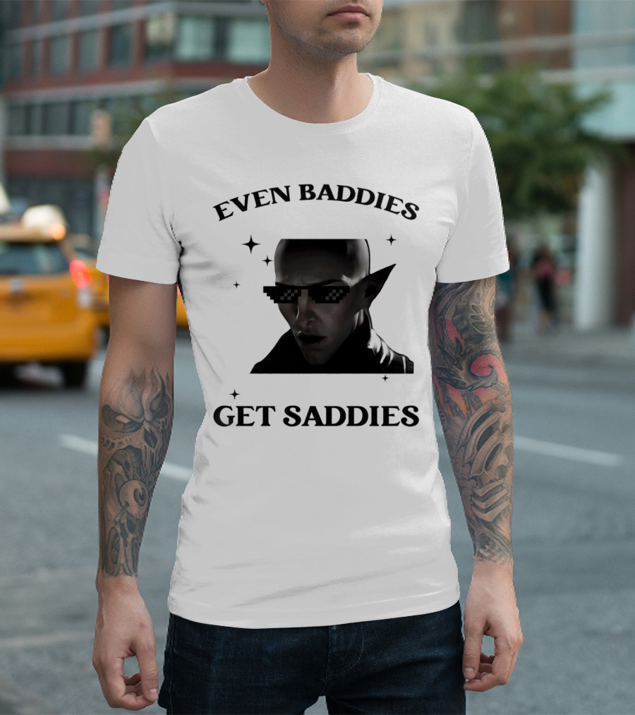 Even Baddies Get Saddies Pixelated Sunglasses Bald Elf Character T-Shirt