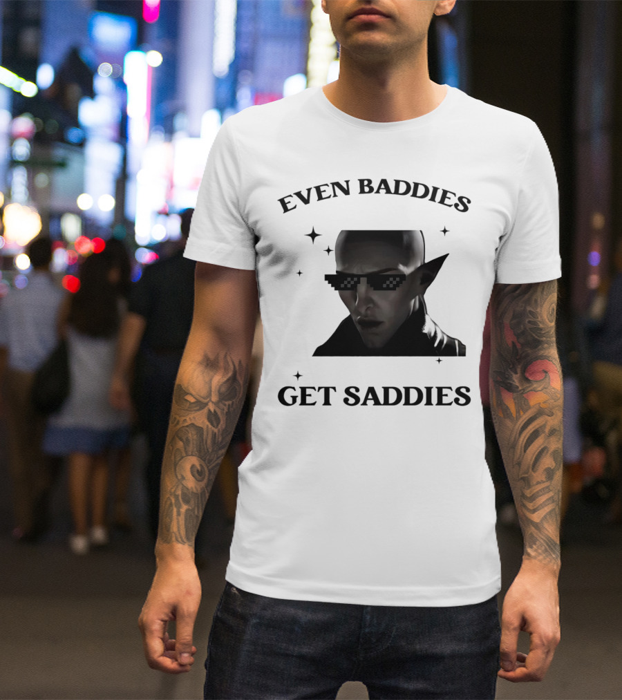 Even Baddies Get Saddies Pixelated Sunglasses Bald Elf Character T-Shirt