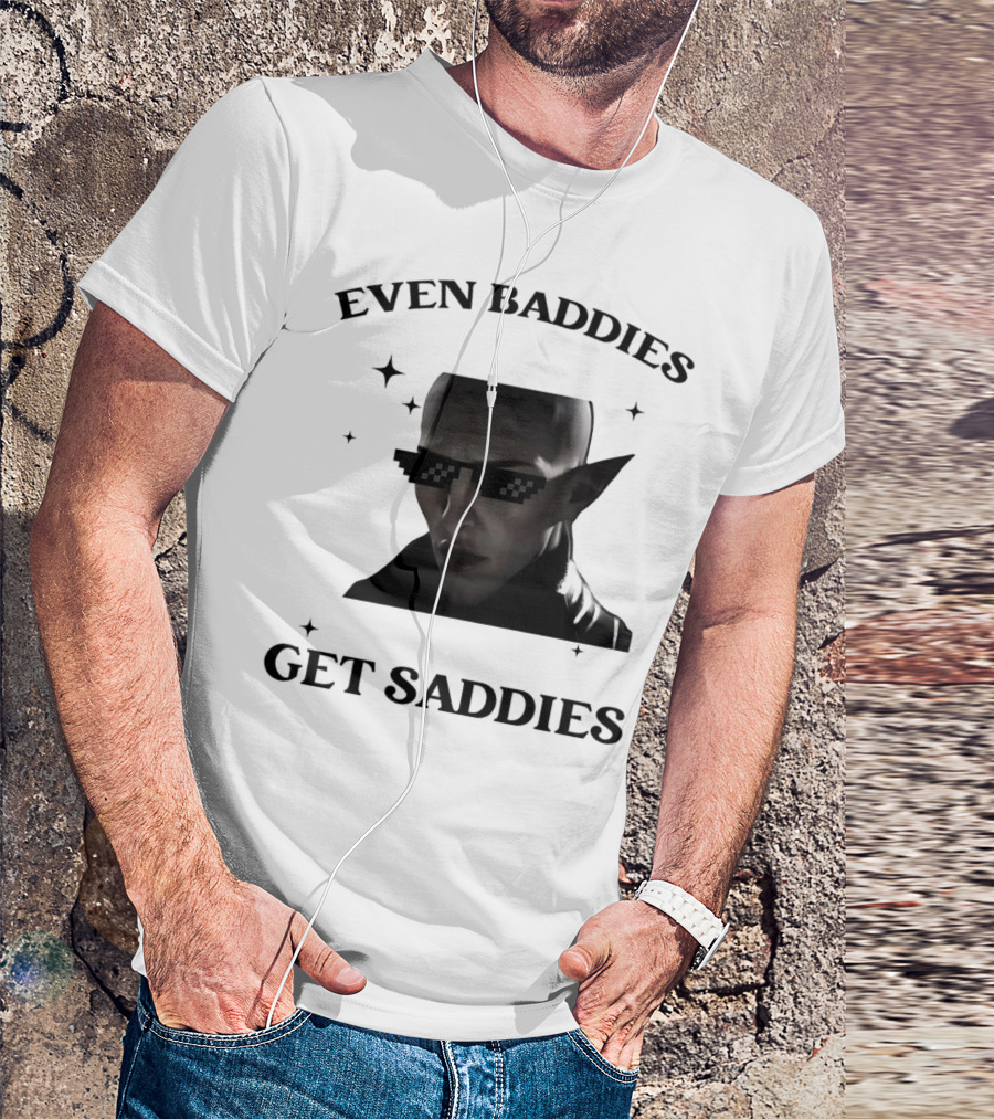 Even Baddies Get Saddies Pixelated Sunglasses Bald Elf Character T-Shirt