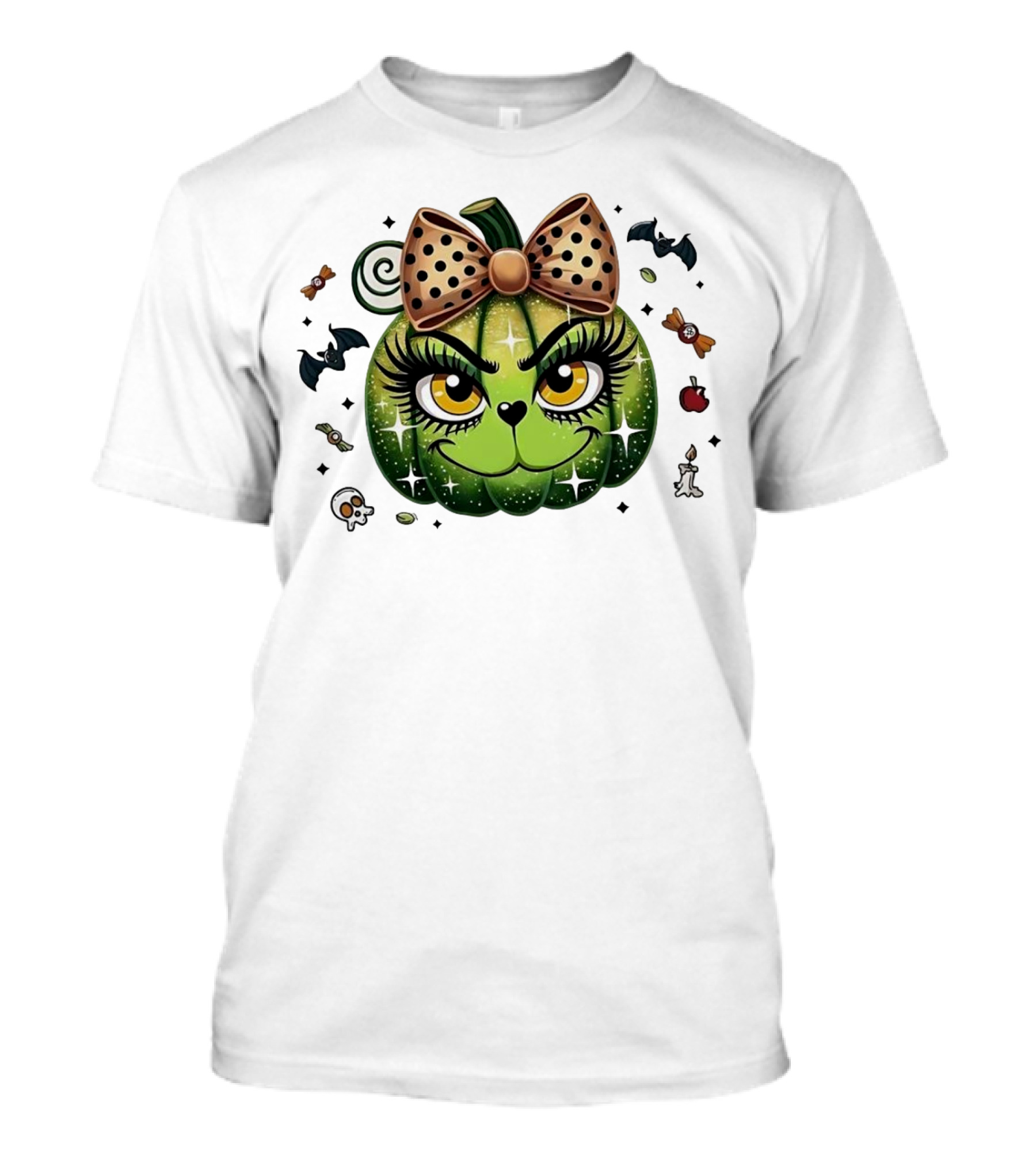 Pumpkin Girl Halloween Grinch With Bow And Halloween Icons T-Shirt