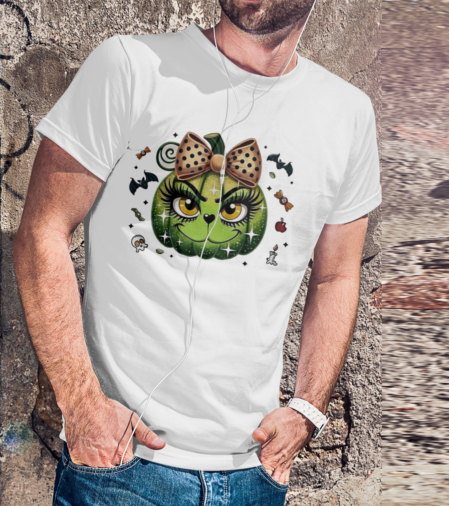 Pumpkin Girl Halloween Grinch With Bow And Halloween Icons T-Shirt