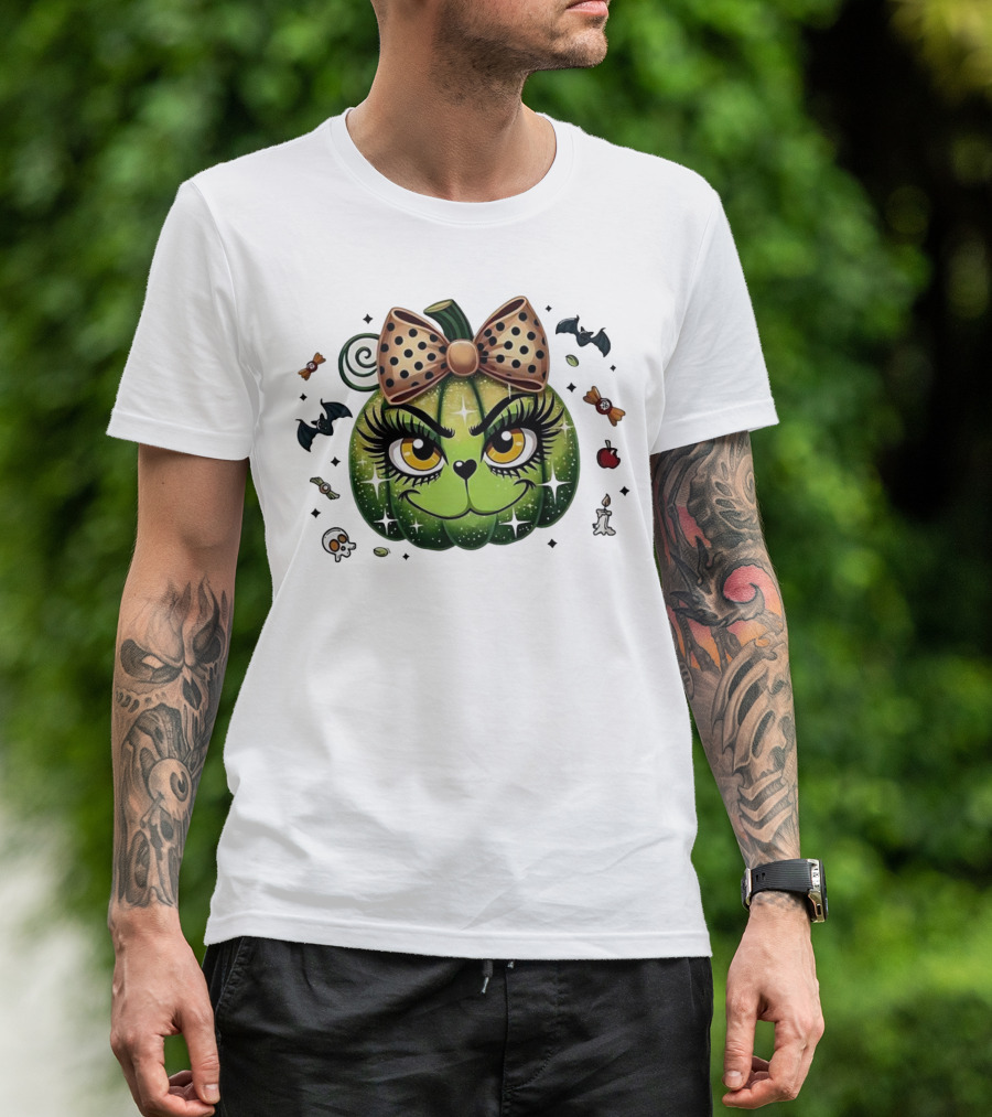 Pumpkin Girl Halloween Grinch With Bow And Halloween Icons T-Shirt