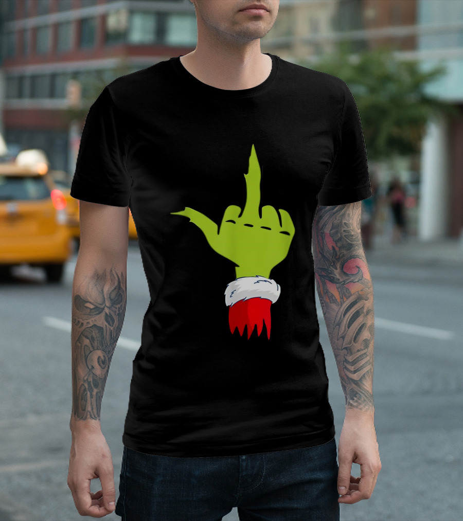 Grinch Middle Finger Merry Christmas Santa Hand Gesture T-Shirt