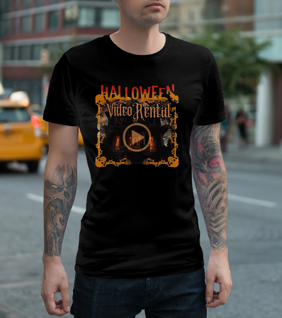 Halloween Video Rental Haunted House Play Button Skulls Bats T-Shirt
