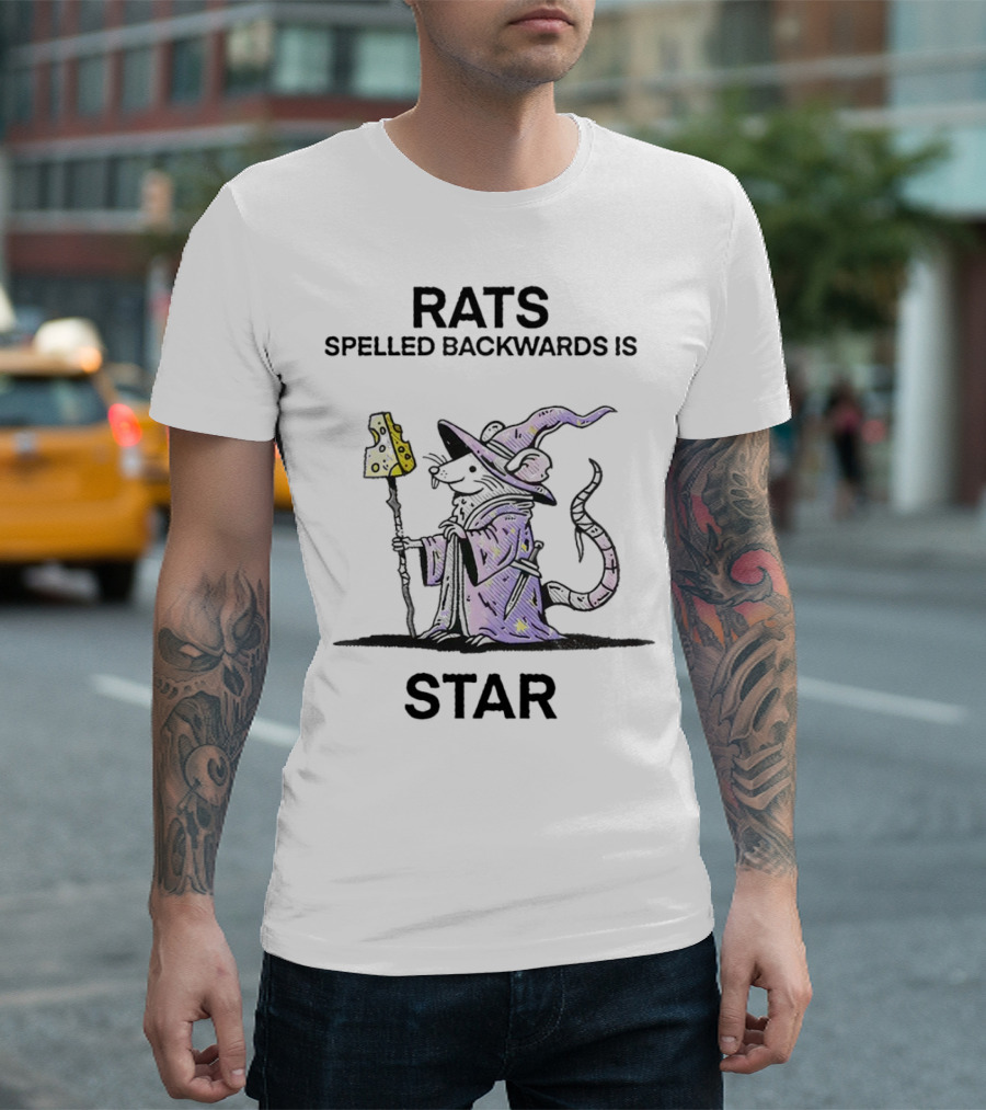 Rats Spelled Backwards Is Star Wizard of Barge Mage Rat with Staff T-Shirt