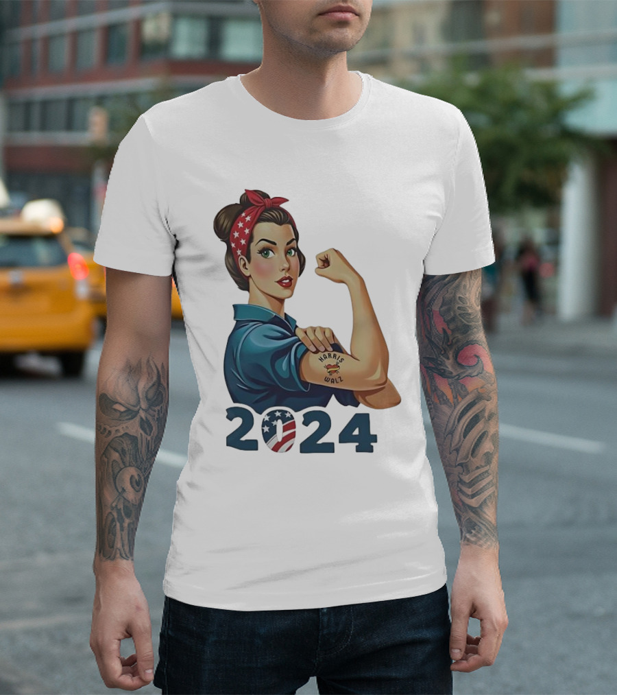Harris Walz 2024 Strong Women America Flag Rosie The Riveter T-Shirt