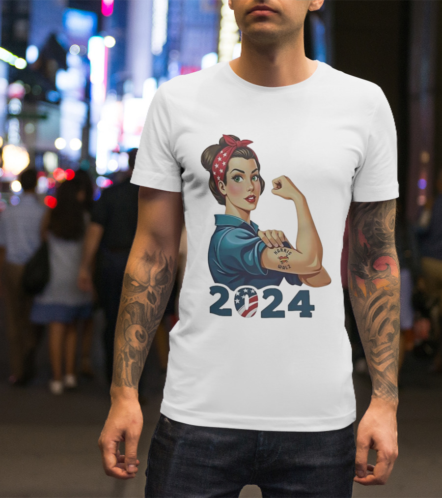 Harris Walz 2024 Strong Women America Flag Rosie The Riveter T-Shirt