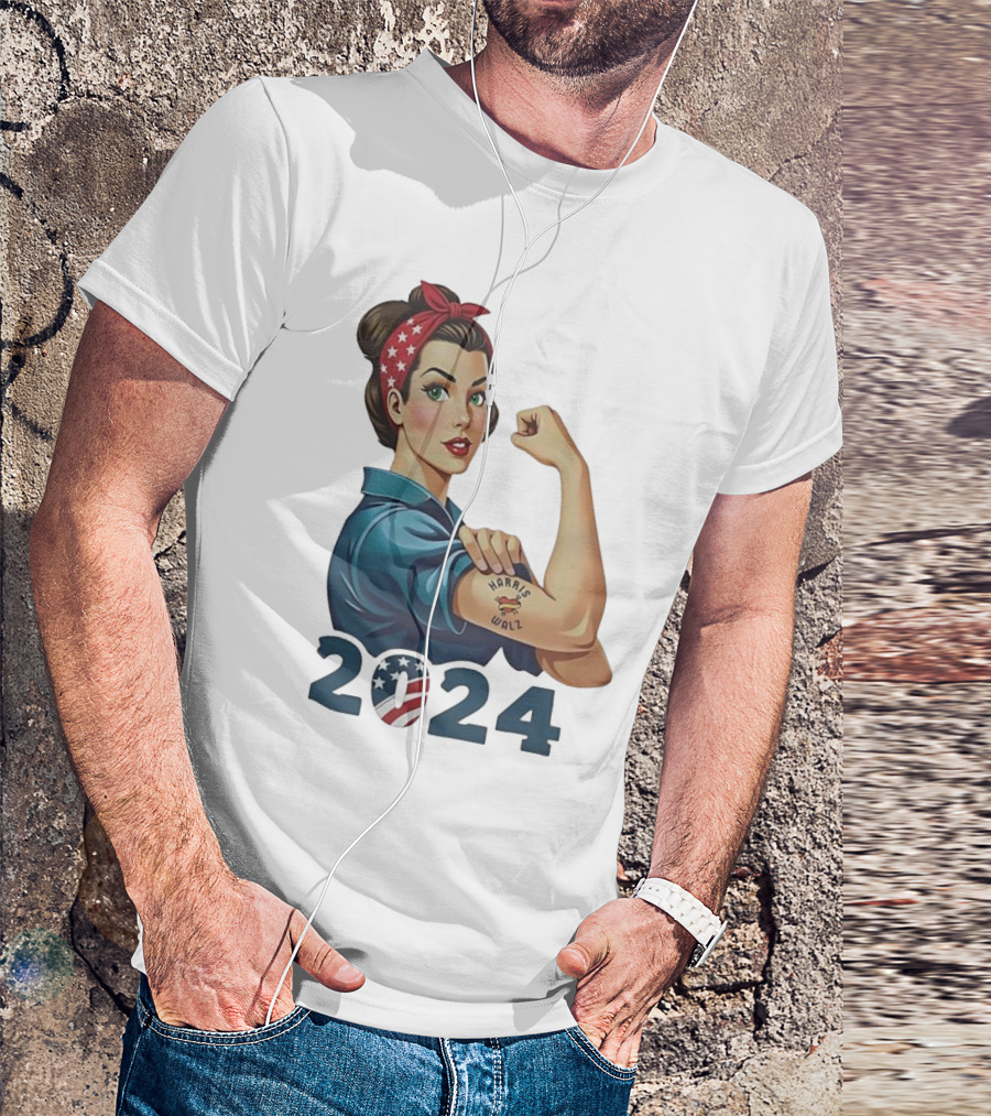 Harris Walz 2024 Strong Women America Flag Rosie The Riveter T-Shirt