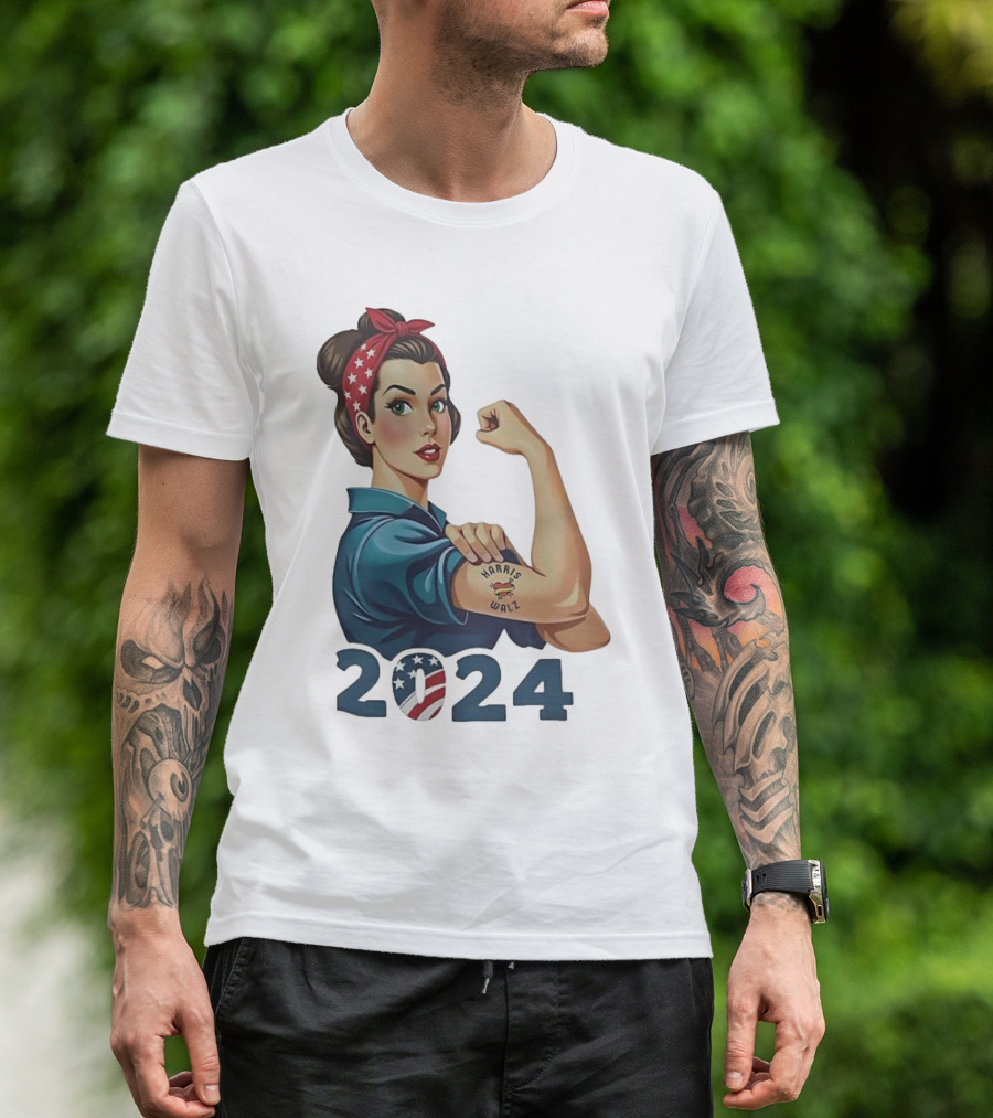 Harris Walz 2024 Strong Women America Flag Rosie The Riveter T-Shirt