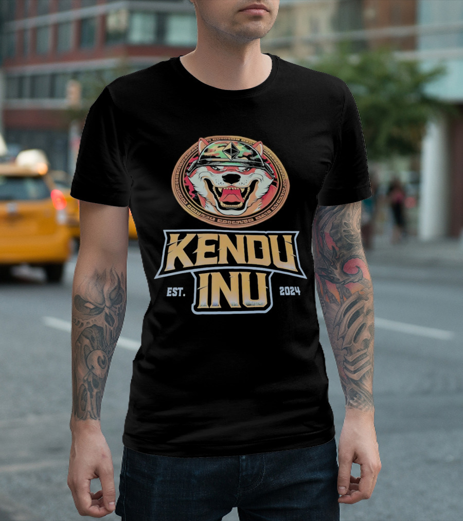 Kendu INU Est 2024 Dog in Military Helmet with Crypto T-Shirt