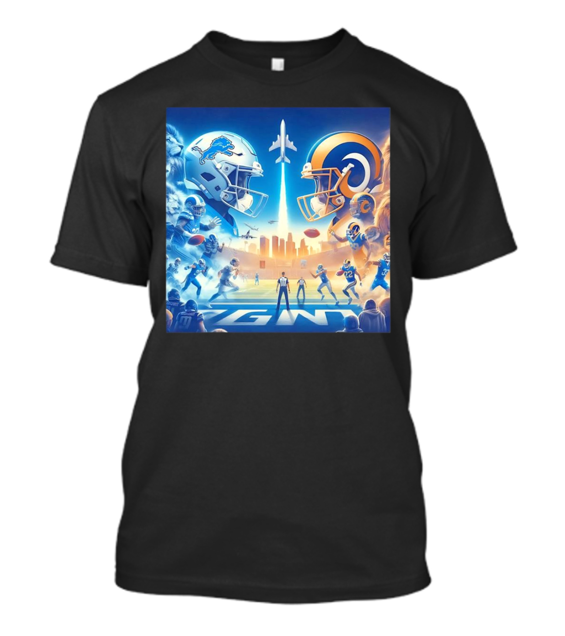 Detroit Lions Vs Los Angeles Rams Football Showdown Skyline Helmet Clash T-Shirt