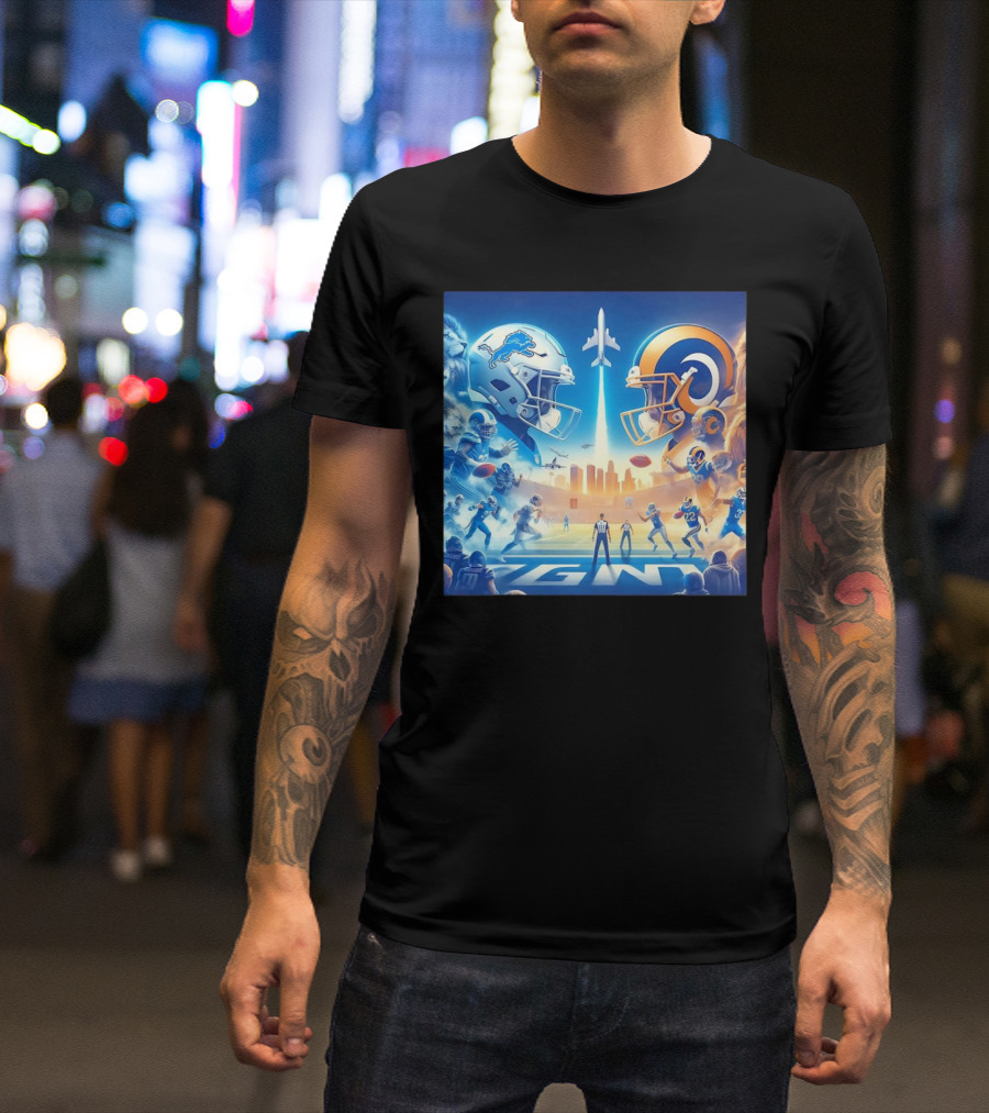 Detroit Lions Vs Los Angeles Rams Football Showdown Skyline Helmet Clash T-Shirt