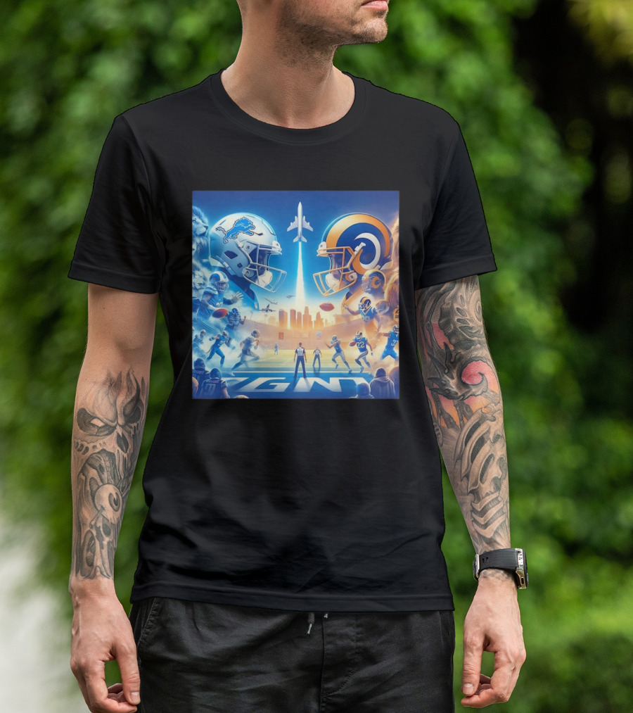 Detroit Lions Vs Los Angeles Rams Football Showdown Skyline Helmet Clash T-Shirt